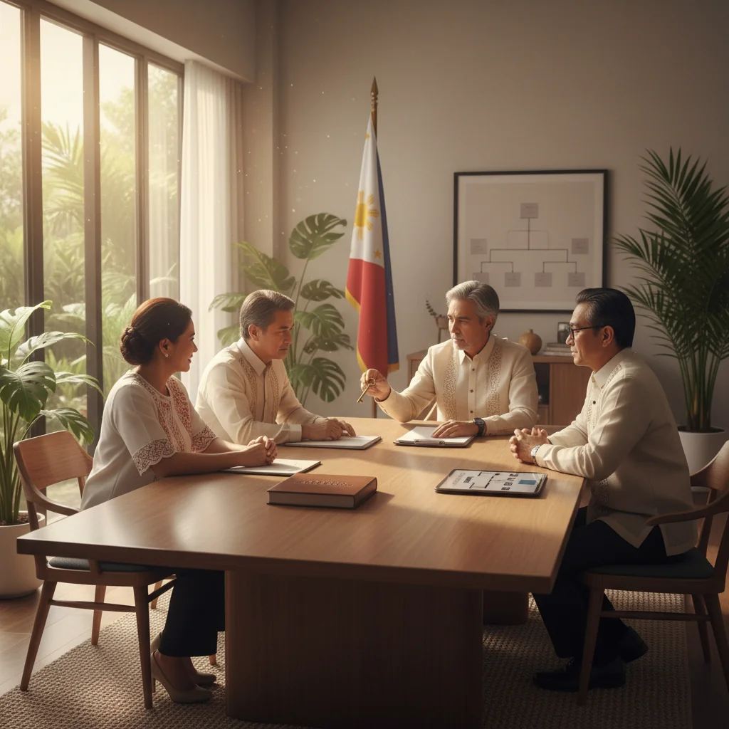 A photorealistic image of a diverse group of middle-aged Filipino adults gathered around a wooden table in a modern home office in the Philippines, thoughtfully discussing and signing inheritance documents, with Philippine cultural elements like a window view of a tropical landscape, conveying themes of family legacy, estate planning, and legal agreement without focusing on the document itself, no children present.