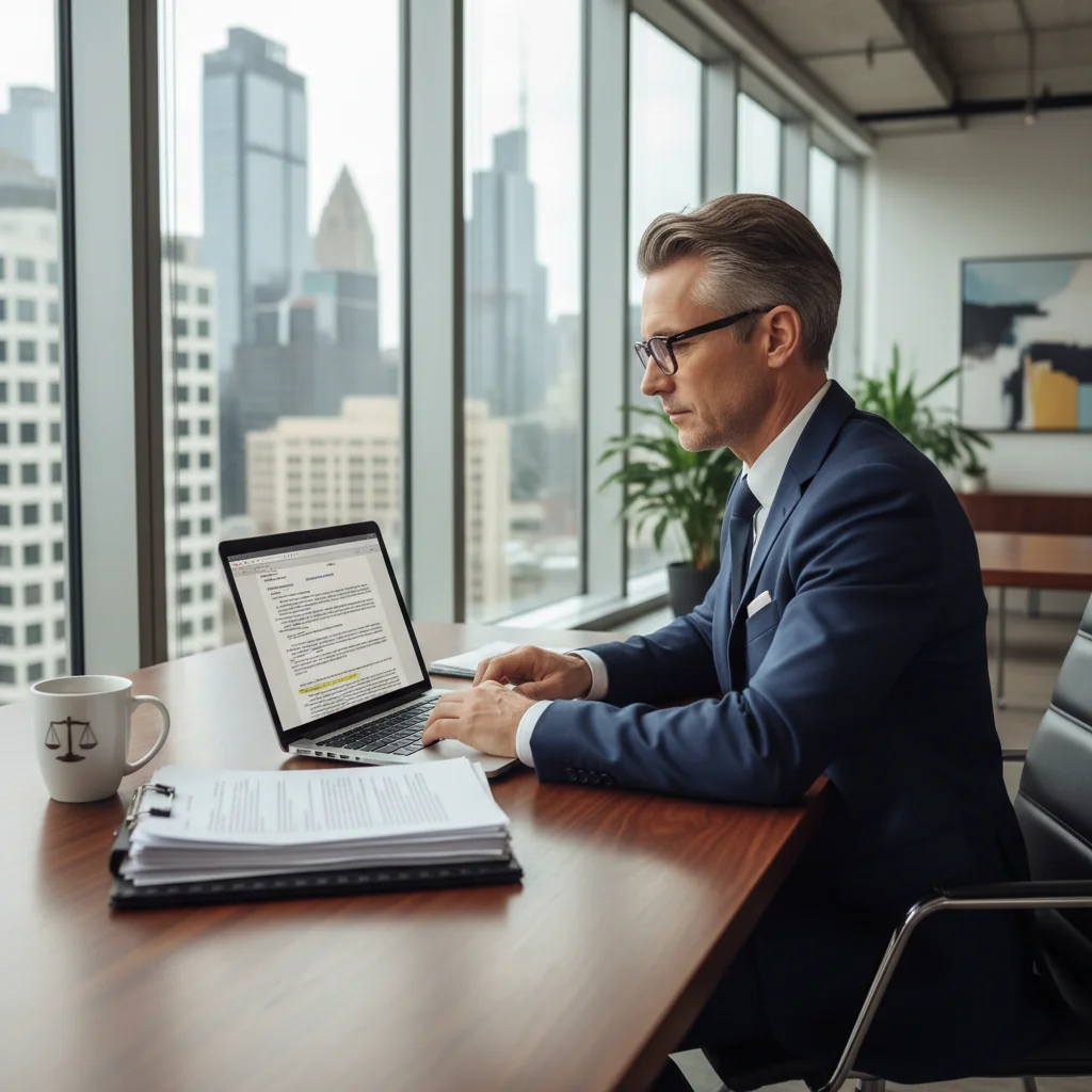A professional adult lawyer in a modern office, confidently reviewing and modifying legal documents on a computer, symbolizing the effective amendment of an act. The scene conveys precision, focus, and legal expertise, with no children present.