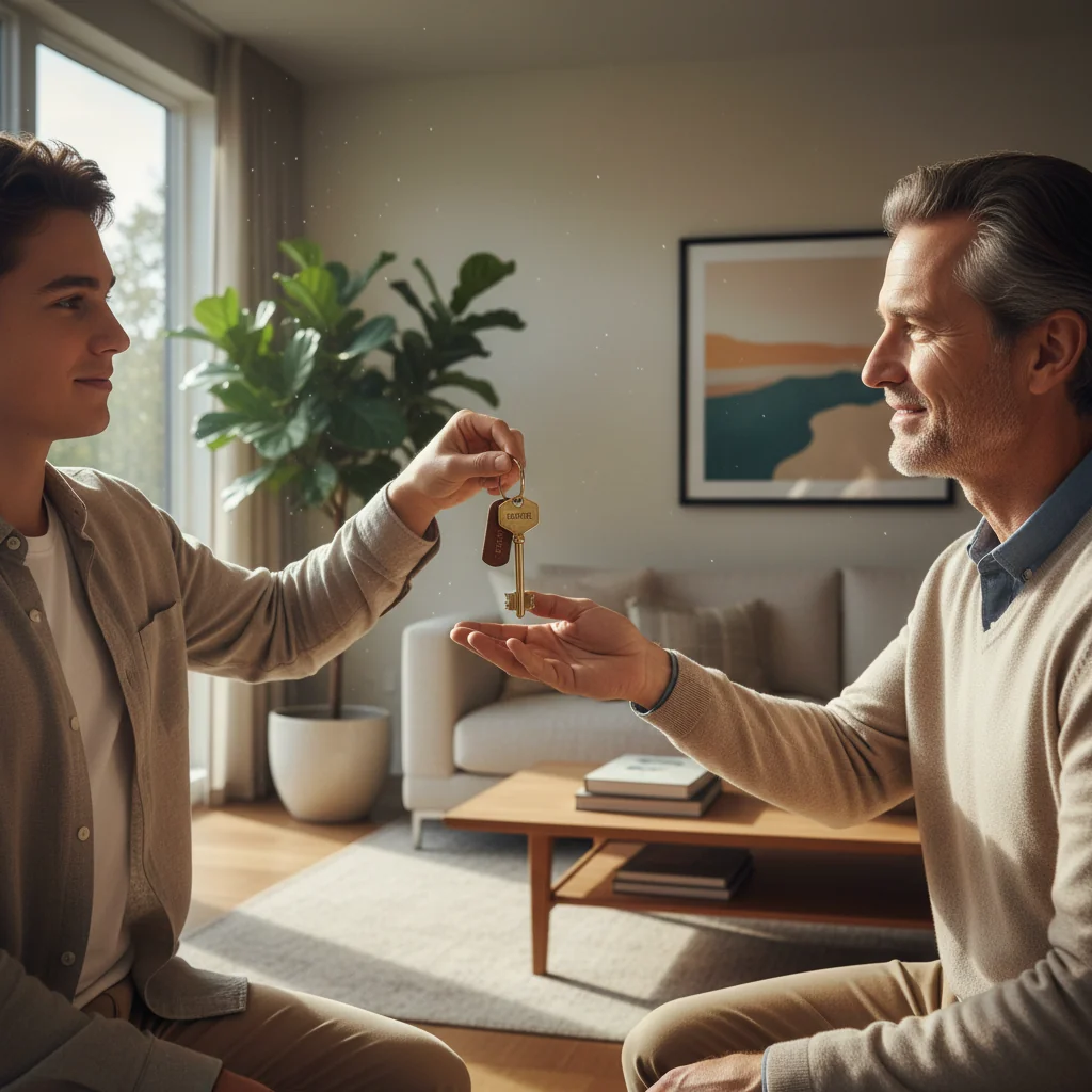 A photorealistic image depicting a warm family moment where an adult parent is handing over a symbolic key to a house or a small heirloom item to an adult child, representing the act of gifting property through donation, with a subtle background of a cozy home interior to evoke themes of inheritance and generosity without focusing on legal documents.
