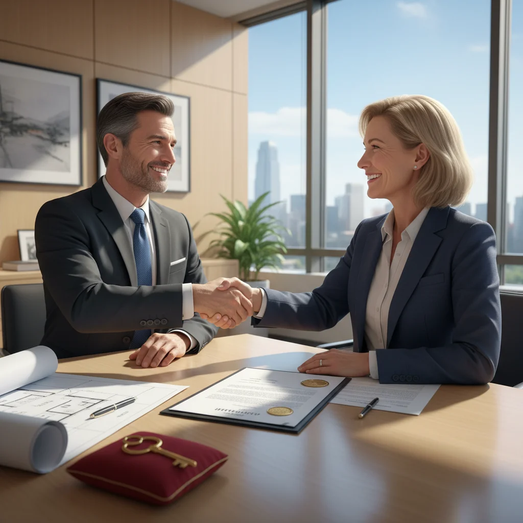 A photorealistic image depicting a professional adult couple in a modern real estate office, joyfully signing a property deed transfer document on a desk with architectural plans and a small model house nearby, symbolizing the legal donation of real estate property. The scene conveys trust, agreement, and the transfer of ownership without showing any children.