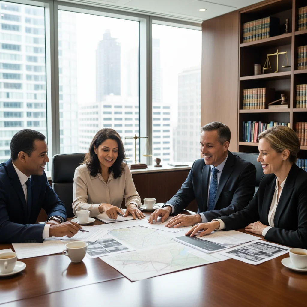 A photorealistic image depicting a diverse group of middle-aged adults in a modern law office, engaged in a positive discussion about asset division, symbolizing the equitable sharing of family inheritance or property among heirs, with expressions of agreement and relief on their faces, no children present.