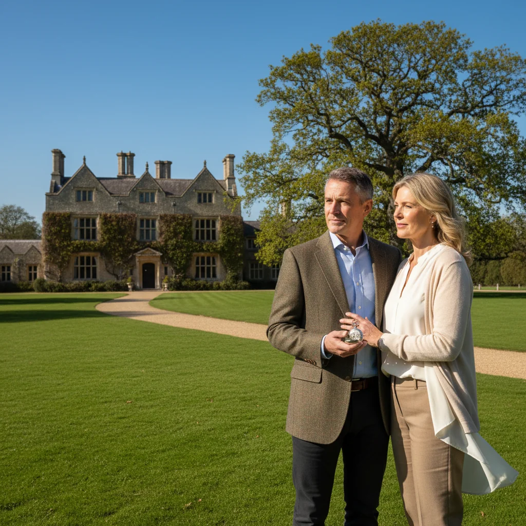 A photorealistic image symbolizing inheritance and family legacy in the UK, featuring a middle-aged adult couple standing together in a serene English countryside estate, looking thoughtfully at a grand family home in the background, with subtle elements like a family tree or heirloom objects nearby, evoking the concept of altering wills for smooth asset transfer among adults, no children present.