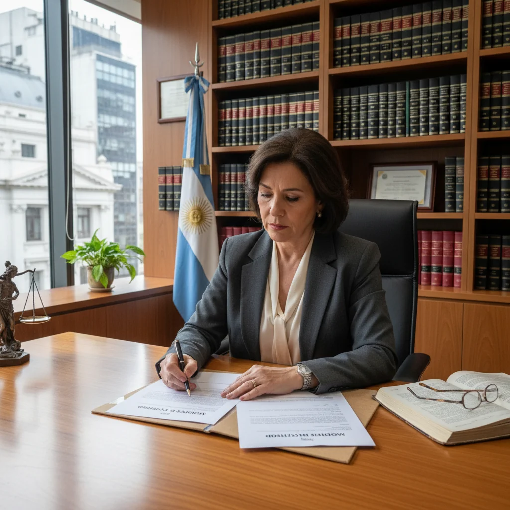 A photorealistic image of a professional adult in a modern Argentine office setting, reviewing and signing a legal document related to property or contract modification, symbolizing the process of escritura de modificación in Argentina. The scene conveys trust, formality, and legal assurance, with subtle Argentine elements like a flag or map in the background. No children are present.