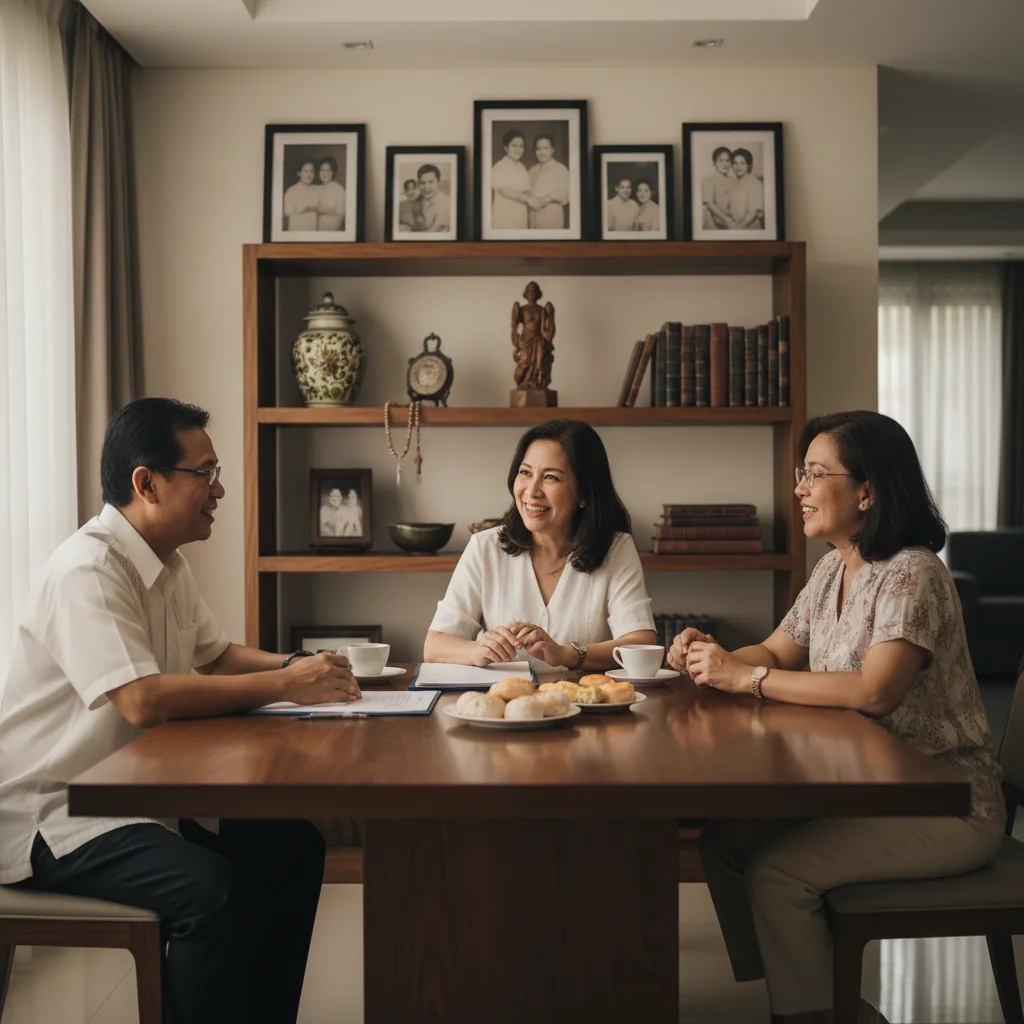 A photorealistic image depicting a diverse group of middle-aged Filipino adults in a modern living room, engaged in a calm and thoughtful discussion about inheritance matters, with subtle family photos and heirlooms on shelves in the background, conveying themes of legacy, agreement, and familial harmony in the context of Philippine inheritance law.