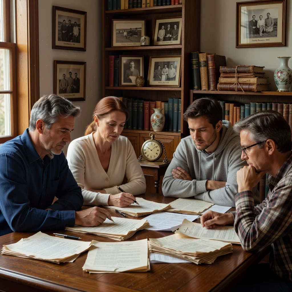 A photorealistic image depicting a diverse group of middle-aged adults, such as siblings or family members, gathered around a wooden dining table in a warmly lit living room, reviewing inheritance papers together, symbolizing the partition of family heritage and legacy without showing any children.