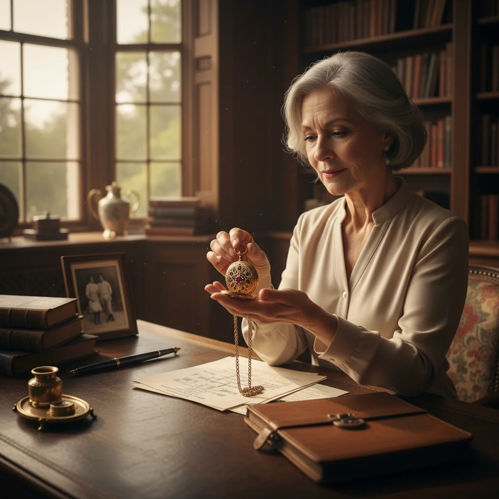 A photorealistic image of an elderly person thoughtfully examining a family heirloom, such as a vintage watch or piece of jewelry, on a wooden desk in a cozy study room, symbolizing the thoughtful modification of inheritance plans among adults. No children are present in the scene.