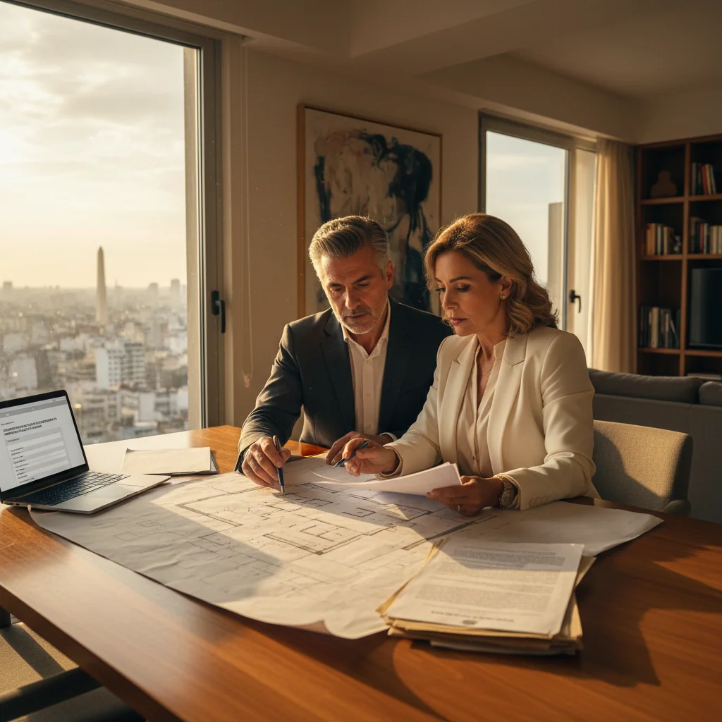 A photorealistic image of a professional adult couple in a modern Argentine home, sitting at a kitchen table with architectural blueprints and a laptop open to a property modification form, discussing changes to their home deed, looking focused and optimistic, with subtle Argentine flag or pampas elements in the background to evoke national context, no children present.