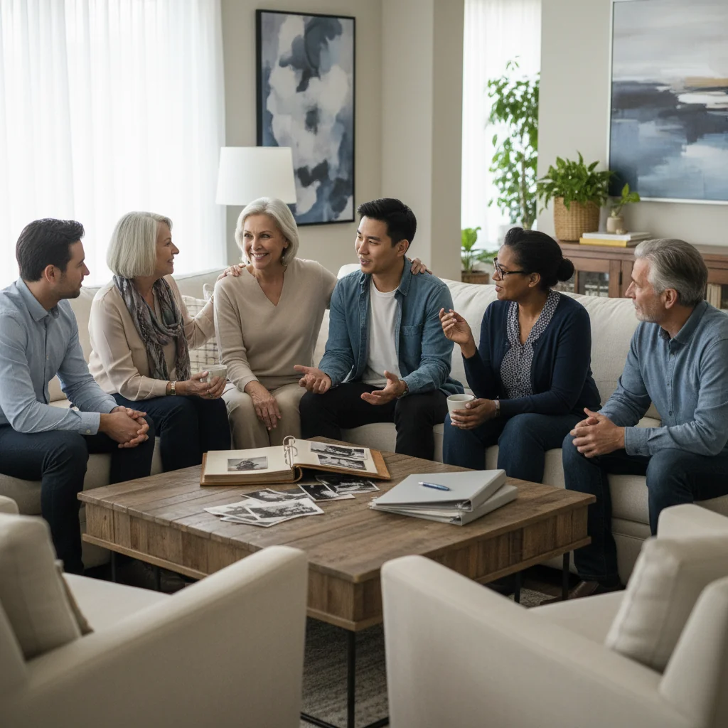 A photorealistic image depicting a harmonious family meeting in a modern living room, where adult relatives are engaged in a calm discussion around a coffee table, symbolizing the collaborative process of inheritance division and estate planning among heirs.
