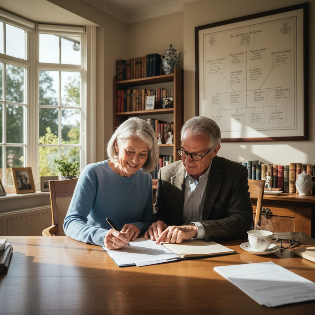A photorealistic image of an elderly adult man and woman sitting together at a wooden table in a cozy home office, thoughtfully reviewing a handwritten will document, with subtle symbols of family legacy like framed photos of adult relatives in the background, conveying themes of estate planning and inheritance without focusing on the document itself.