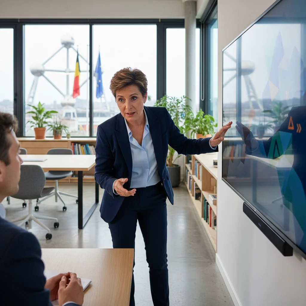 A photorealistic image representing the concept of a variation act in Belgium, showing a professional adult in a modern Belgian office setting, perhaps shaking hands with a business partner or reviewing changes to a contract on a tablet, symbolizing legal amendments or modifications to agreements, with subtle Belgian elements like a flag or Brussels architecture in the background. No children, no documents shown directly.