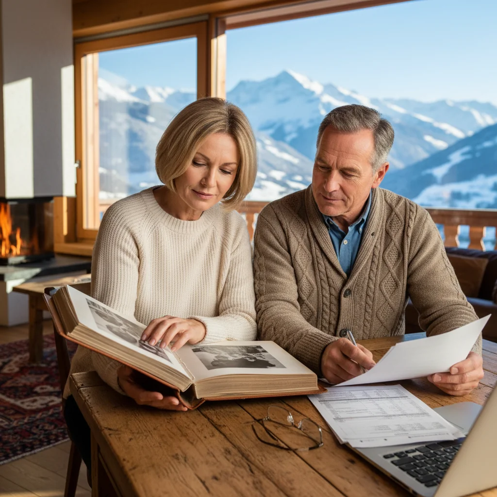 A photorealistic image of a thoughtful middle-aged adult couple sitting together at a wooden table in a cozy Swiss home, reviewing financial papers related to inheritance planning, with a scenic view of the Swiss Alps through the window in the background, conveying a sense of careful family legacy preparation. No children are present in the image.
