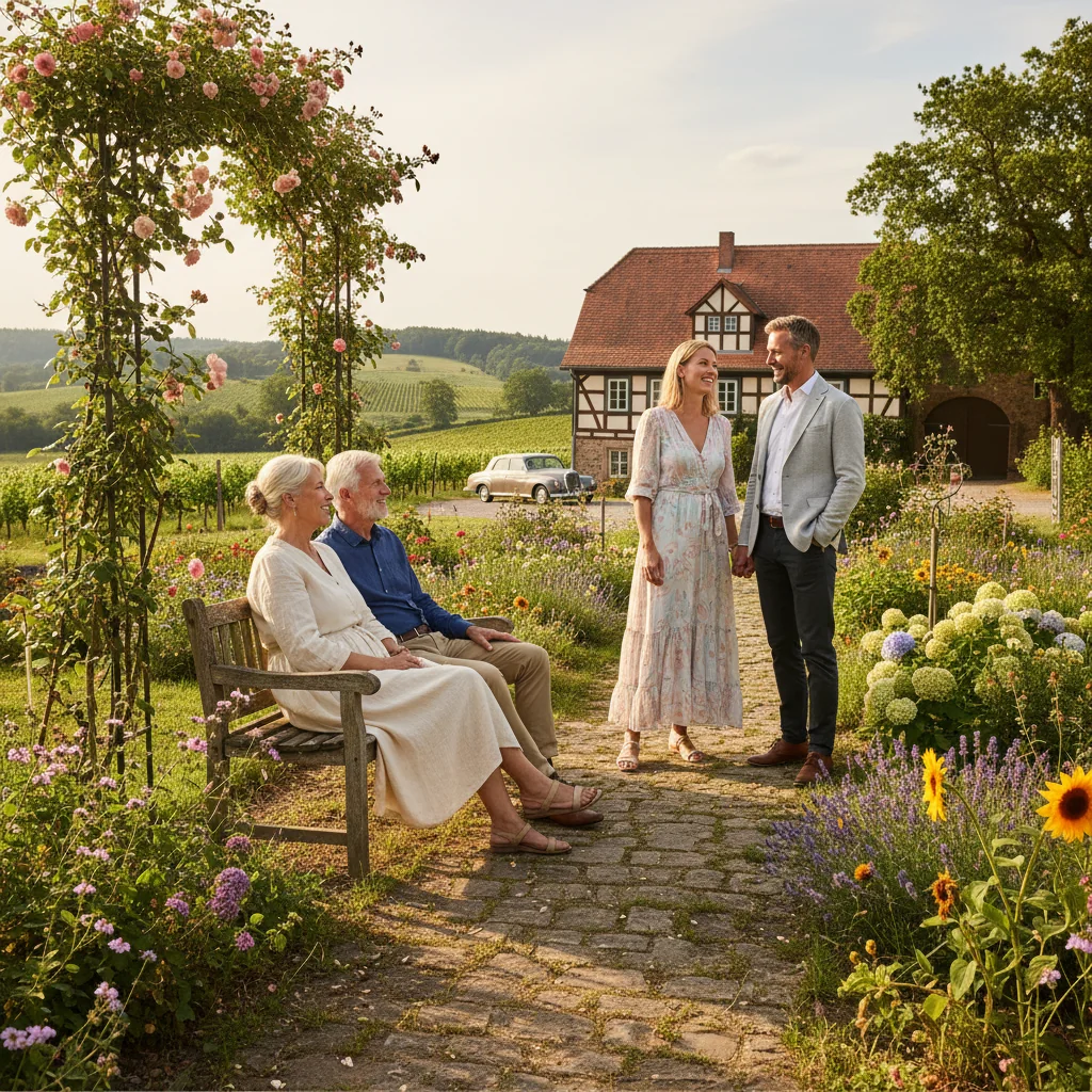 A photorealistic image depicting a peaceful family inheritance scenario in Germany, showing an elderly couple and their adult children in a sunny garden, symbolizing the benefits of modifying inheritance arrangements for family harmony and security.