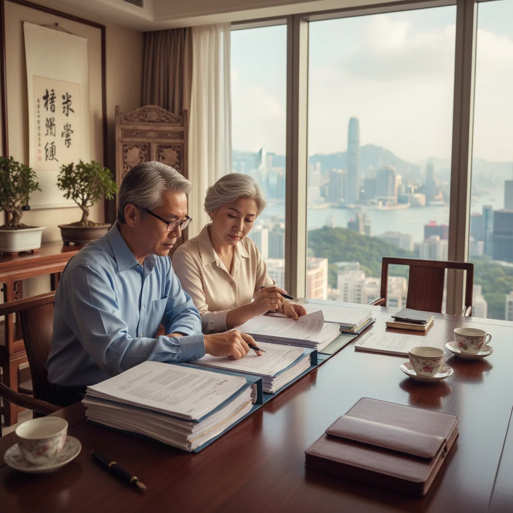 A photorealistic image of an elderly adult couple in a modern Hong Kong living room, thoughtfully reviewing estate planning papers together, symbolizing the purpose of amending a will to secure family legacy, with a subtle city skyline view from the window, no children present.