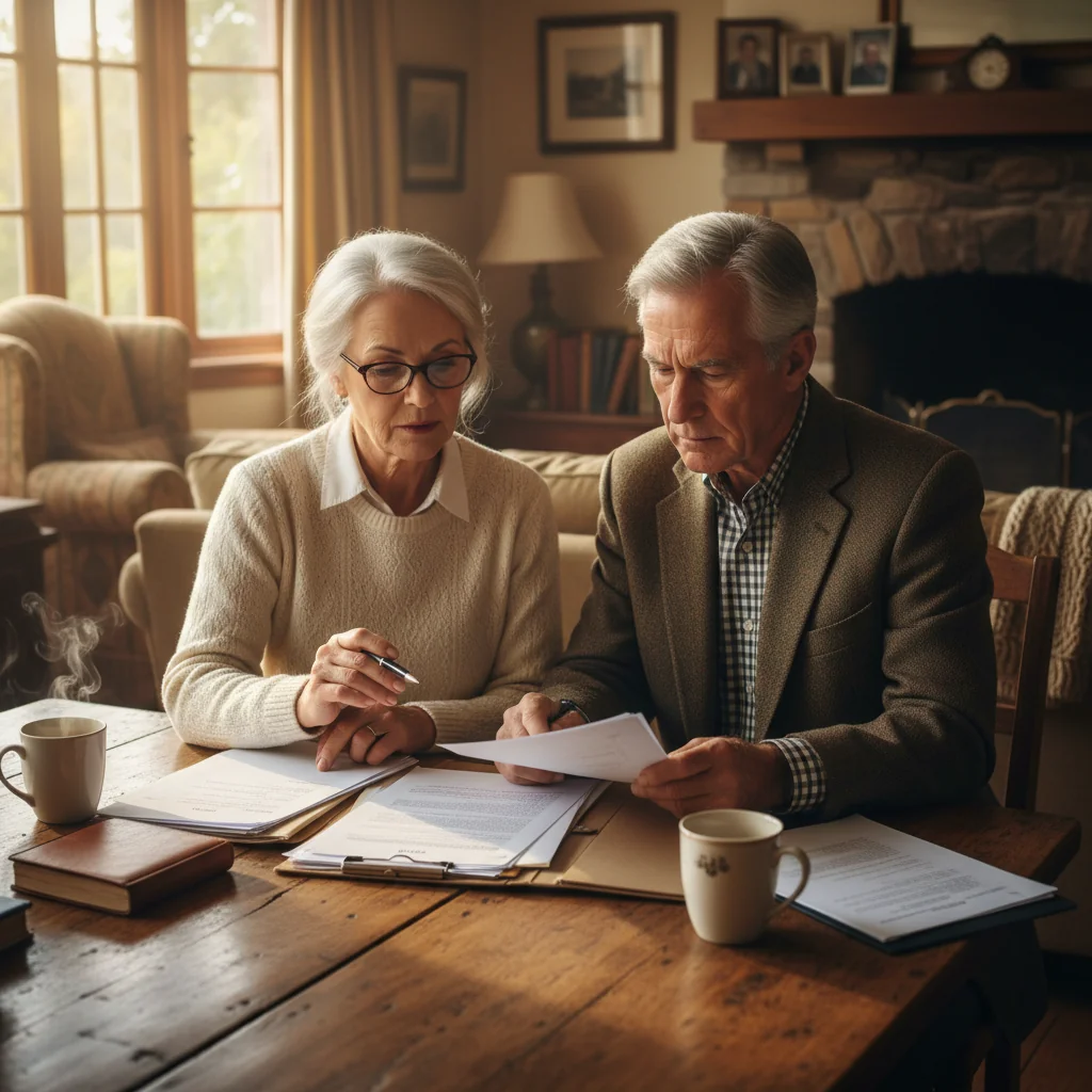 A photorealistic image of two elderly adults, a man and a woman in their 60s, sitting together at a wooden table in a cozy living room, thoughtfully discussing and reviewing important family papers related to estate planning and will amendments, with a sense of trust and collaboration, no children present.