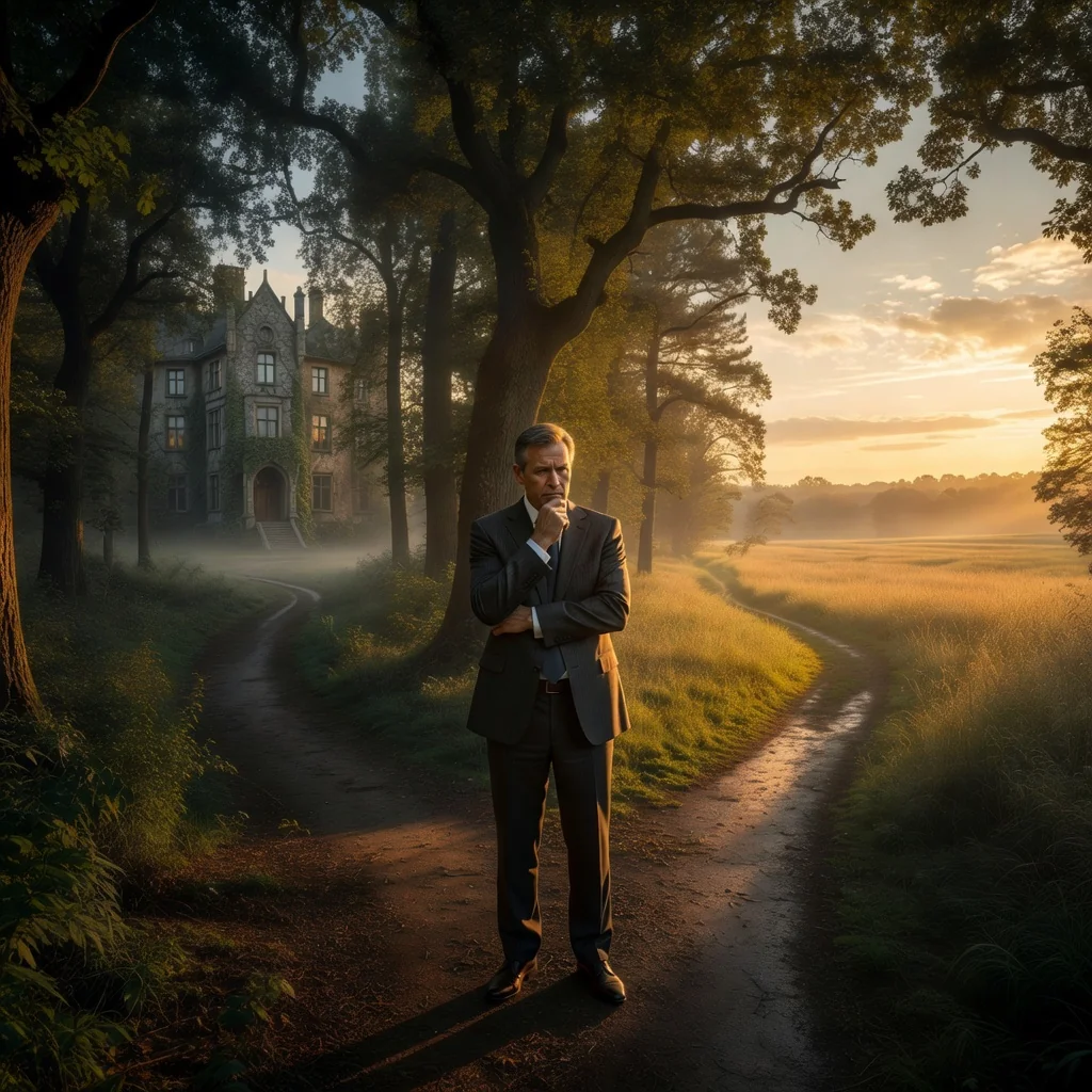 A photorealistic image depicting an adult person standing at a crossroads in a serene landscape, symbolizing the decision to renounce an inheritance, with one path leading to a grand but burdensome estate and the other to a lighter, freer journey, evoking themes of legal choice and family legacy without showing any documents.