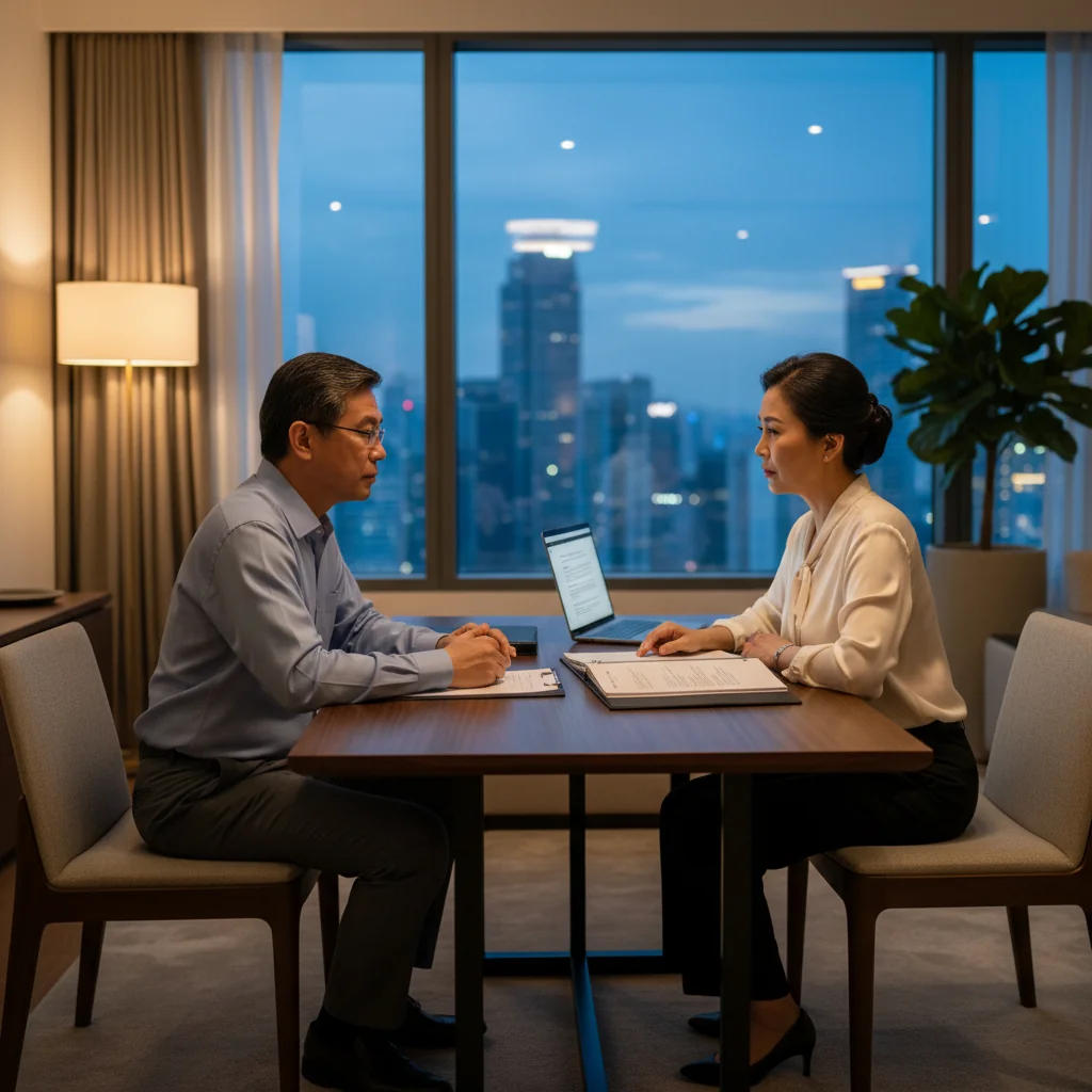 A photorealistic image of two middle-aged adults, a man and a woman, sitting at a wooden table in a modern Singaporean living room with large windows overlooking the city skyline. They are engaged in a serious conversation, reviewing estate planning documents on a laptop, symbolizing inheritance and legacy changes. The atmosphere is calm and professional, with soft natural light. No children are present in the image.