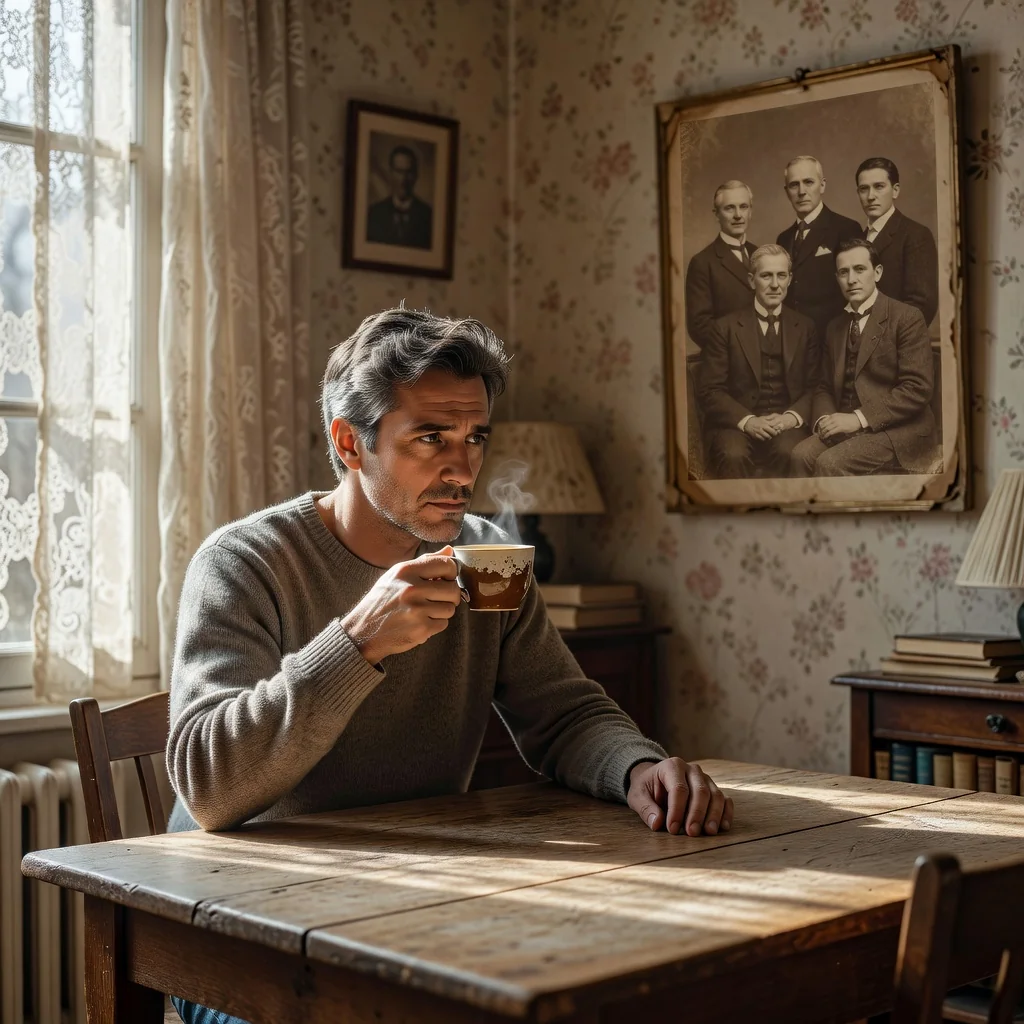 A photorealistic image symbolizing the decision to renounce an inheritance in France, depicting a thoughtful adult person in a contemplative pose, perhaps looking out a window at a rainy Parisian street or sitting in a modest living room with a family photo in the background, evoking themes of family legacy, financial choice, and relief from burden, without showing any legal documents or children.