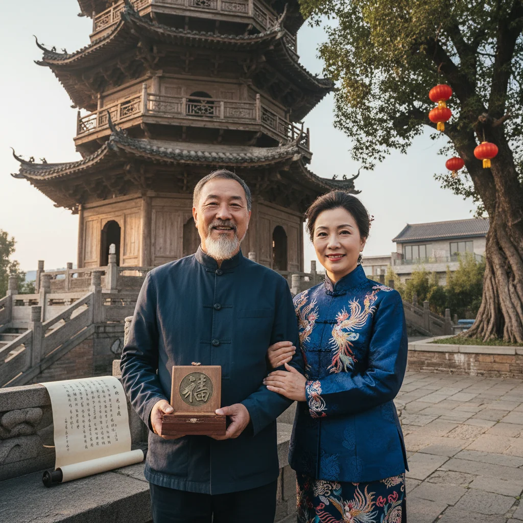 A photorealistic image of a middle-aged Chinese couple standing together in front of a traditional Chinese heritage building, such as an ancient temple or ancestral hall, symbolizing the transfer of family heritage through a legal change in contract. They appear content and united, with subtle elements like a family emblem or heirloom in the background, evoking themes of legacy, family bonds, and cultural preservation. No children are present in the image.