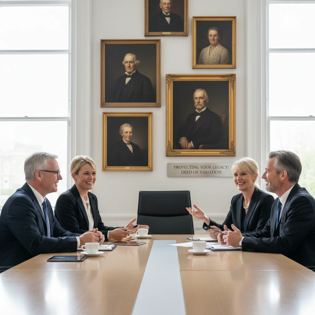 A photorealistic image depicting a diverse group of middle-aged adults in a professional meeting room, engaged in a positive discussion about inheritance planning, with subtle elements like family photos on the wall symbolizing legacy and variation in estate distribution, conveying trust, security, and legal assurance without showing any documents or children.