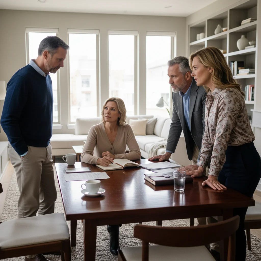 A photorealistic image of a diverse group of adult family members engaged in a serious discussion around a wooden table in a modern living room, symbolizing inheritance division negotiations. They appear thoughtful and collaborative, with subtle expressions of contemplation, no documents visible, warm natural lighting, high detail on faces and clothing to emphasize realism.