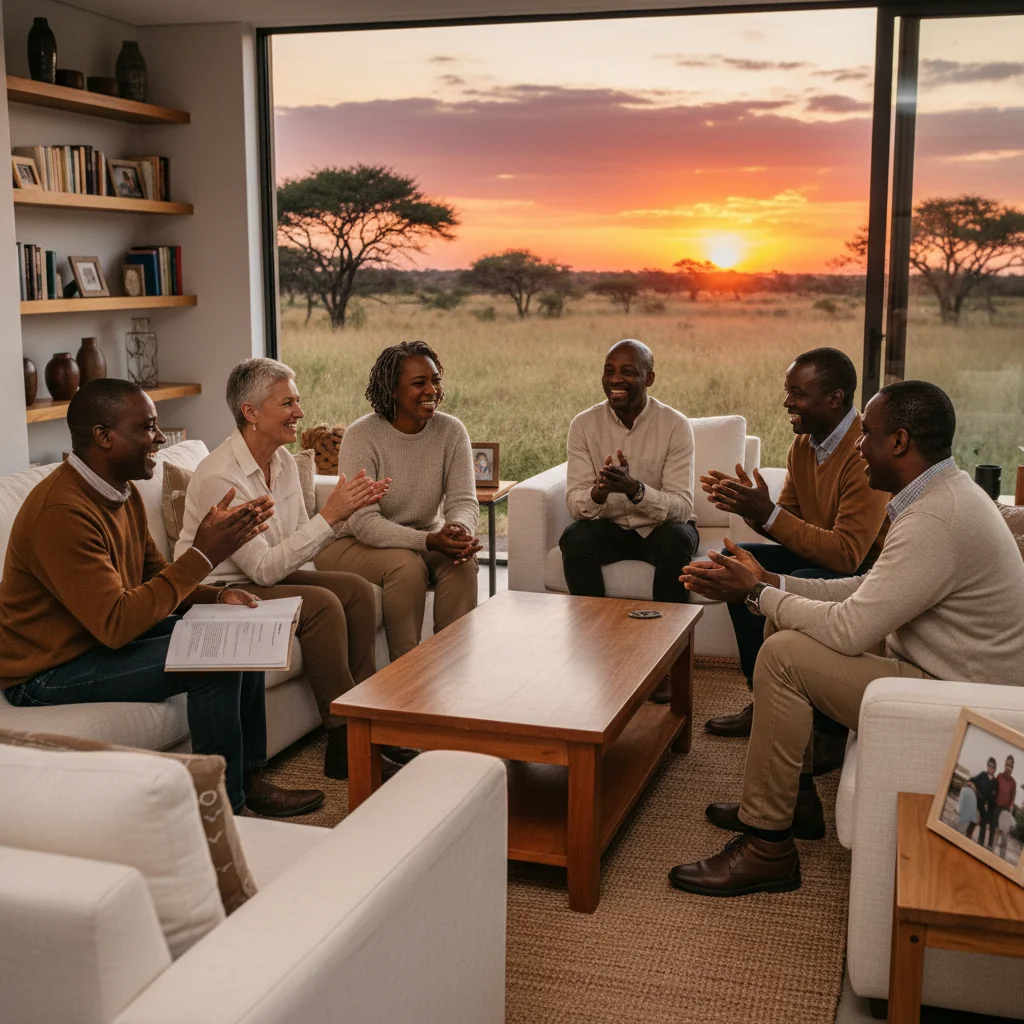 A photorealistic image symbolizing family legacy and estate planning in South Africa, featuring a diverse group of middle-aged adults of various ethnic backgrounds gathered around a wooden table in a modern living room, warmly discussing inheritance matters with smiles and hand gestures, overlooking a scenic South African landscape through large windows, conveying trust, unity, and legal security without any documents visible.