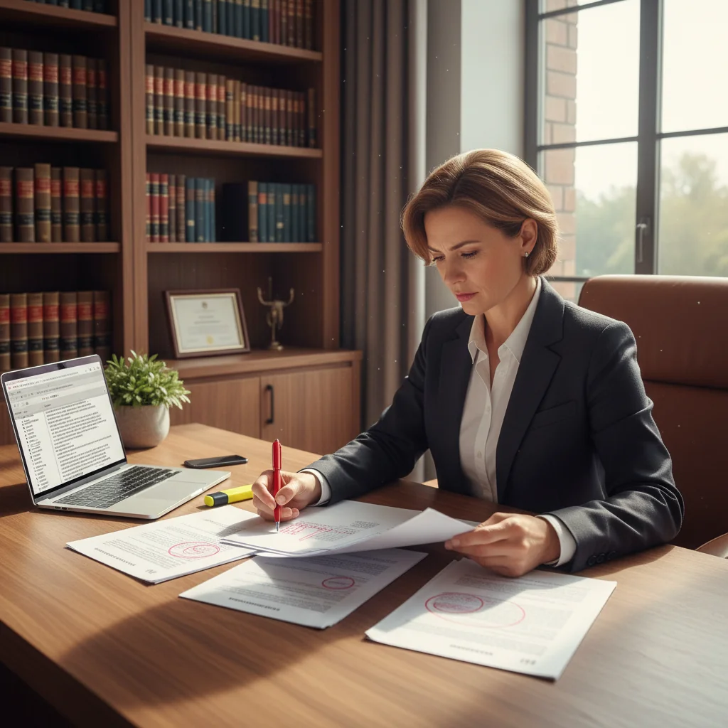 A professional adult lawyer in a modern office, carefully reviewing and editing a stack of legal documents with a focused expression, symbolizing the avoidance of common errors in modification acts. The scene conveys precision and expertise in legal work, with subtle elements like a red pen marking corrections and a computer screen displaying a document editor in the background.