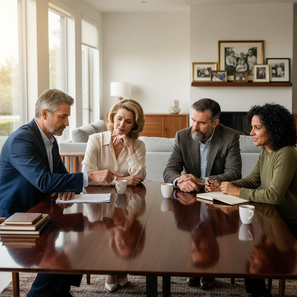 A photorealistic image of a diverse group of middle-aged adults gathered around a wooden table in a cozy living room, engaged in a serious discussion about inheritance matters. They are gesturing thoughtfully, with subtle expressions of contemplation and agreement, symbolizing family estate planning and division. No children are present. The scene is warm and realistic, lit by natural daylight from a window.