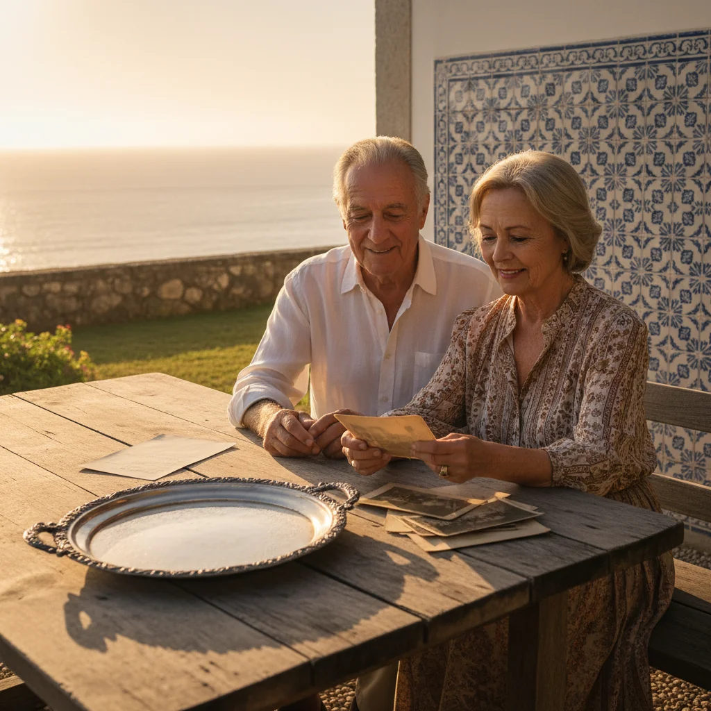 A photorealistic image representing the benefits of inheritance sharing in Portuguese heranças, featuring a serene elderly couple in a traditional Portuguese estate, looking content as they review family heirlooms together, symbolizing peaceful legacy transfer and fiscal advantages, with no children present.