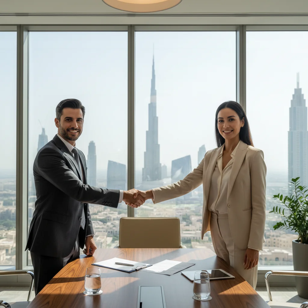 A photorealistic image depicting a professional business meeting in a modern office in the UAE, with adults shaking hands over a table to symbolize agreement and contract amendment, with subtle UAE skyline in the background through a window, conveying trust and legal partnership without showing any documents or children.