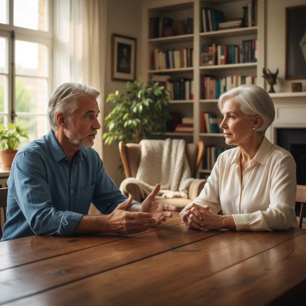 A photorealistic image of an elderly adult couple in thoughtful discussion about estate planning, sitting at a table with neutral background elements like a window view, conveying balance between security and uncertainty without showing any legal documents.