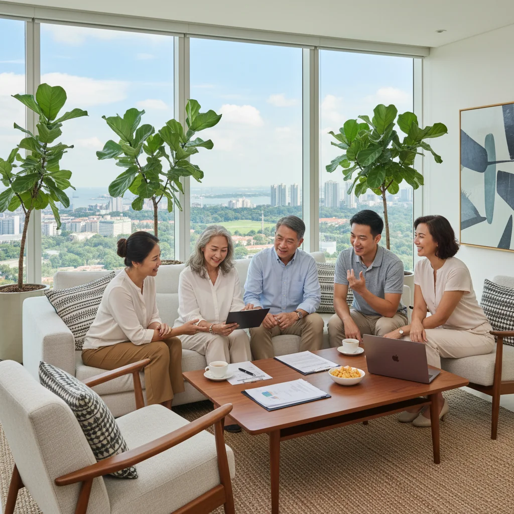 A photorealistic image depicting a multi-generational adult family in a modern Singapore living room, gathered around a table, discussing inheritance matters with expressions of agreement and relief, symbolizing the benefits of estate planning and legal variations in wills. The scene includes diverse Asian adults, no children present, with subtle Singaporean elements like a city skyline view from the window.