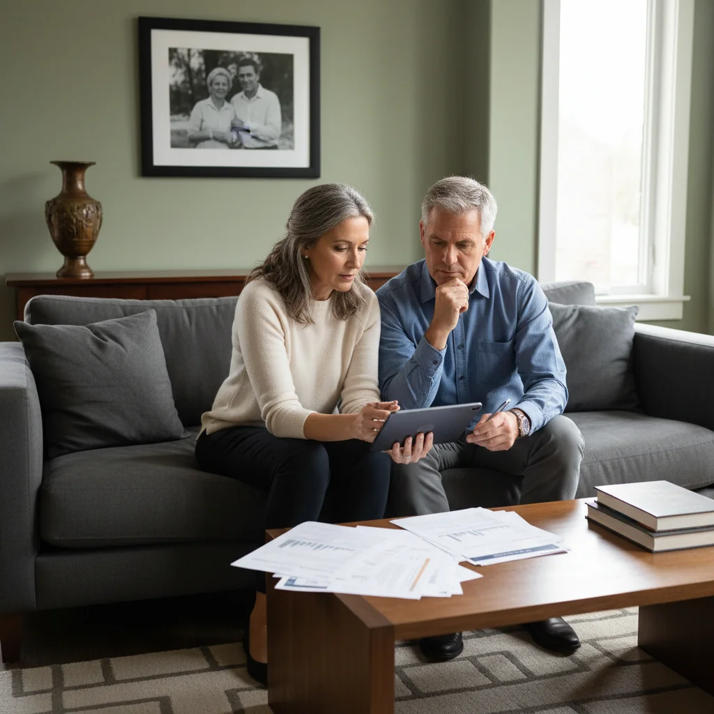 A photorealistic image of a middle-aged couple in a modern living room, thoughtfully reviewing financial documents together, with a subtle inheritance theme like a family photo or heirloom in the background, symbolizing the benefits and risks of estate planning changes.