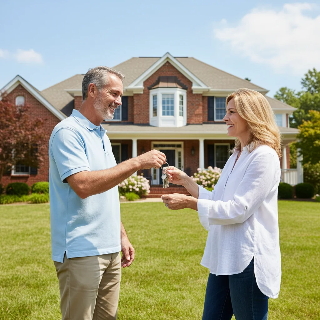 A photorealistic image depicting a warm family moment between two consenting adults, symbolizing the act of gifting property through donation, such as a couple standing together in front of a cozy home, one handing a set of house keys to the other, conveying trust and generosity.