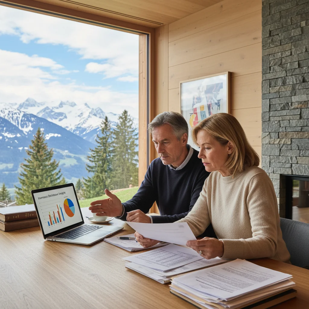 A photorealistic image depicting a thoughtful middle-aged Swiss couple in a cozy home office, reviewing financial documents related to inheritance planning, with Swiss Alps visible through the window, symbolizing the pros and cons of waiving inheritance rights in Switzerland. No children present.