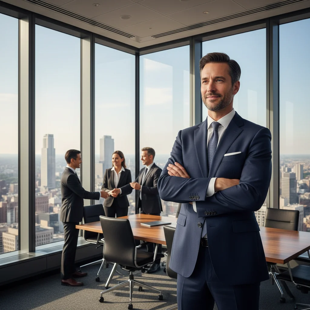 A professional adult individual in a business suit standing confidently in a modern office environment, symbolizing the release or disclaimer of interests in legal matters, with subtle elements like a handshake in the background representing agreement and freedom from obligations.