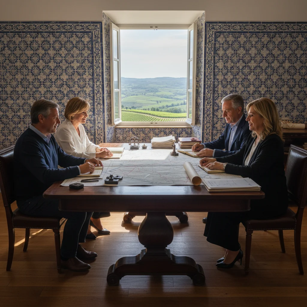 A photorealistic image depicting a family of adults gathered around a wooden table in a cozy Portuguese home, reviewing inheritance documents together, symbolizing the amicable division of family estate in Portugal. The scene conveys relief and unity, with warm lighting and traditional Portuguese decor in the background, evoking the purpose of a partition deed without focusing on the document itself.