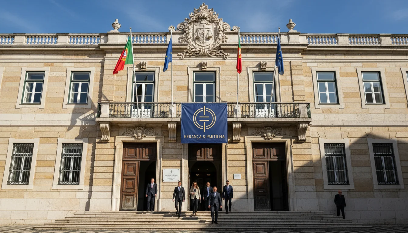 Portuguese courthouse exterior with justice symbols