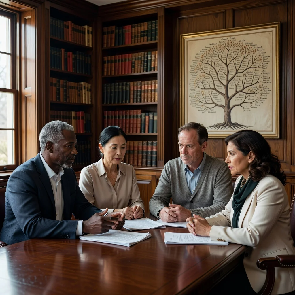 A photorealistic image depicting a diverse group of middle-aged adults gathered around a wooden table in a warmly lit study room, engaged in a serious discussion about inheritance division, with subtle symbolic elements like a family tree on the wall and antique bookshelves in the background, evoking themes of legacy and family heritage without showing any legal documents or children.