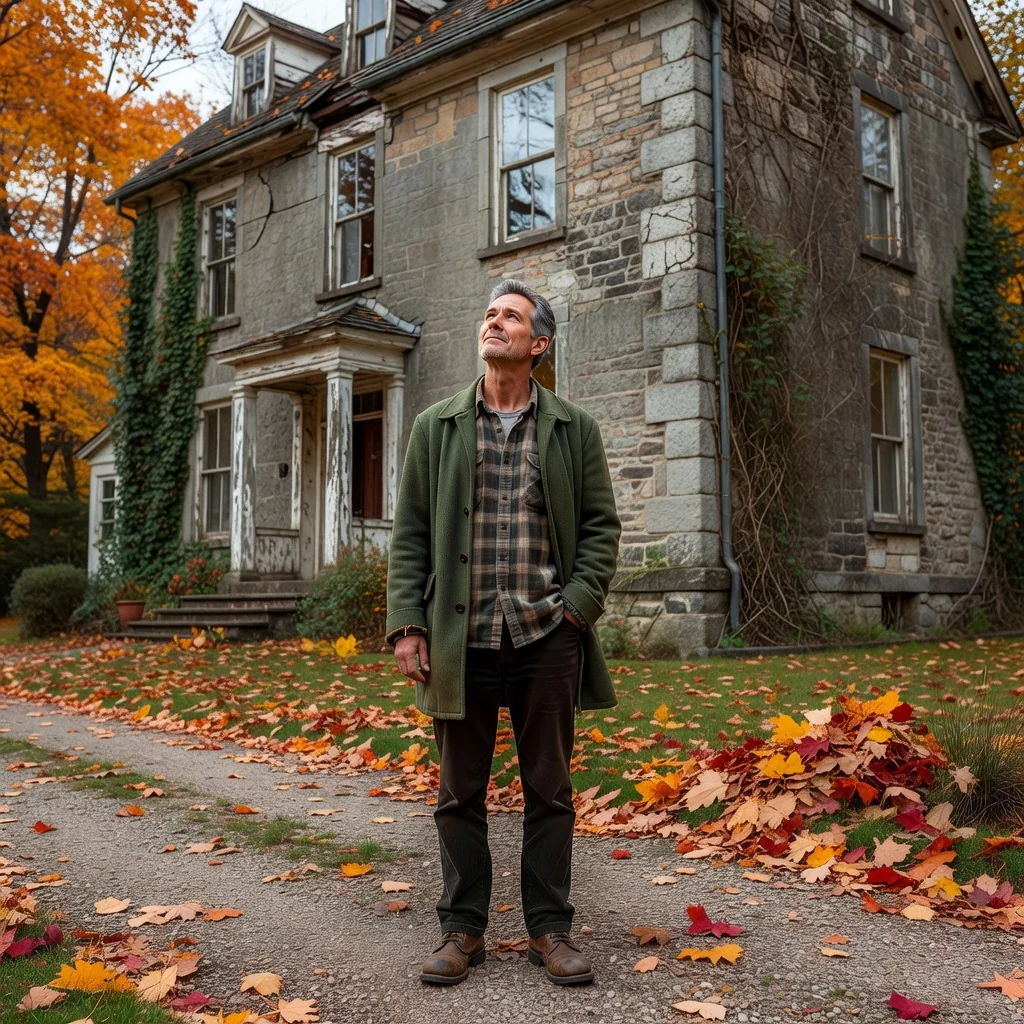 A photorealistic image representing the decision to renounce an inheritance, symbolizing letting go of family legacy or burdens. Depict a middle-aged adult standing thoughtfully in front of an old, cluttered family home or estate, looking contemplative with a sense of relief, no legal documents visible, no children present.