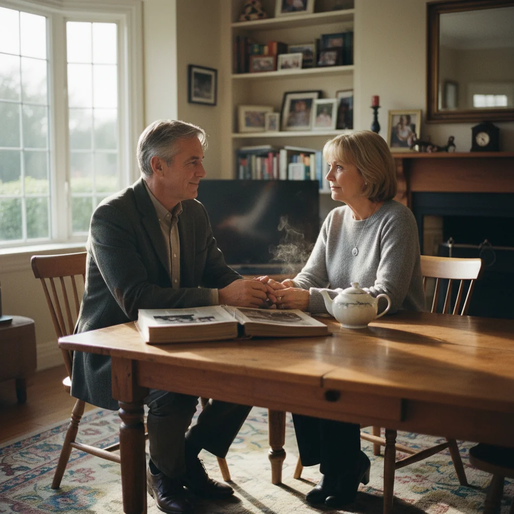 A photorealistic image of a mature adult family discussing and planning their inheritance and legacy in a warm home setting, symbolizing the purpose of a contract to amend a will, with expressions of trust and foresight, no children present.