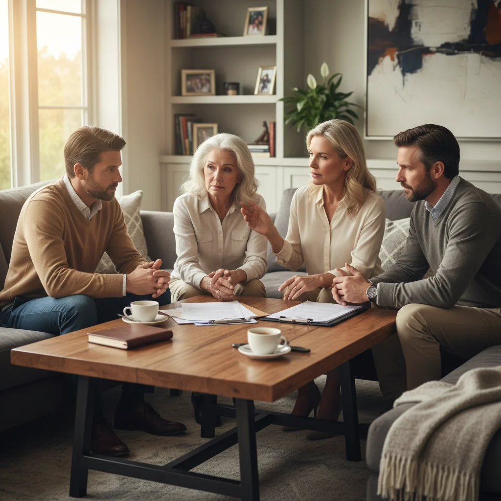 A photorealistic image of a diverse group of adult family members in a modern living room, gathered around a table, engaged in a calm and respectful discussion about inheritance matters, symbolizing the purpose of an inheritance division agreement. No children are present. The atmosphere is thoughtful and collaborative, with warm lighting and natural expressions.