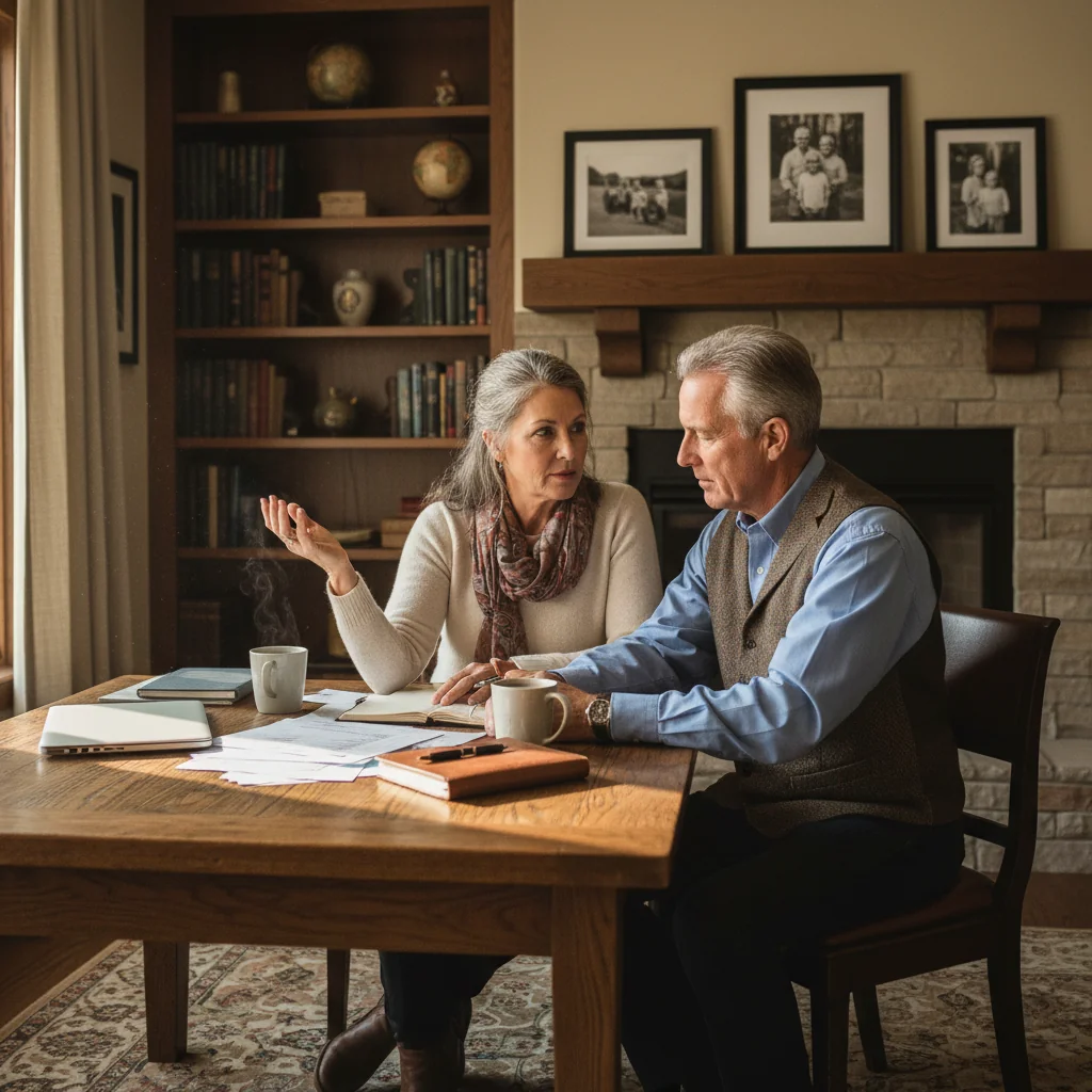A photorealistic image of a mature adult couple in their 50s or 60s, sitting together at a wooden table in a cozy home office, thoughtfully discussing inheritance matters with a sense of trust and security, surrounded by subtle family photos and a laptop, conveying the purpose of a secure inheritance modification agreement without showing any legal documents or children.