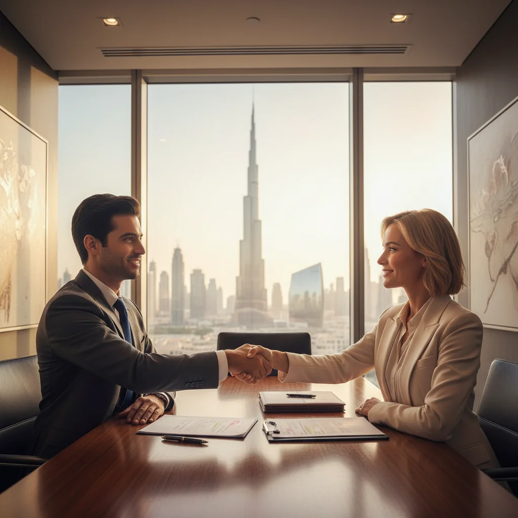 A professional business meeting in a modern office in the UAE, with adults shaking hands over a contract, symbolizing legal agreement amendment, photorealistic style.