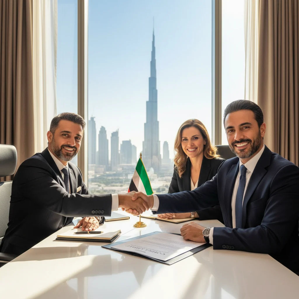 A photorealistic image of a diverse group of professional adults in a modern UAE office setting, shaking hands over a business agreement, symbolizing contract modification and legal partnerships in the United Arab Emirates. The scene includes elements like the UAE flag in the background and a cityscape view of Dubai, emphasizing business and legal collaboration among adults only.