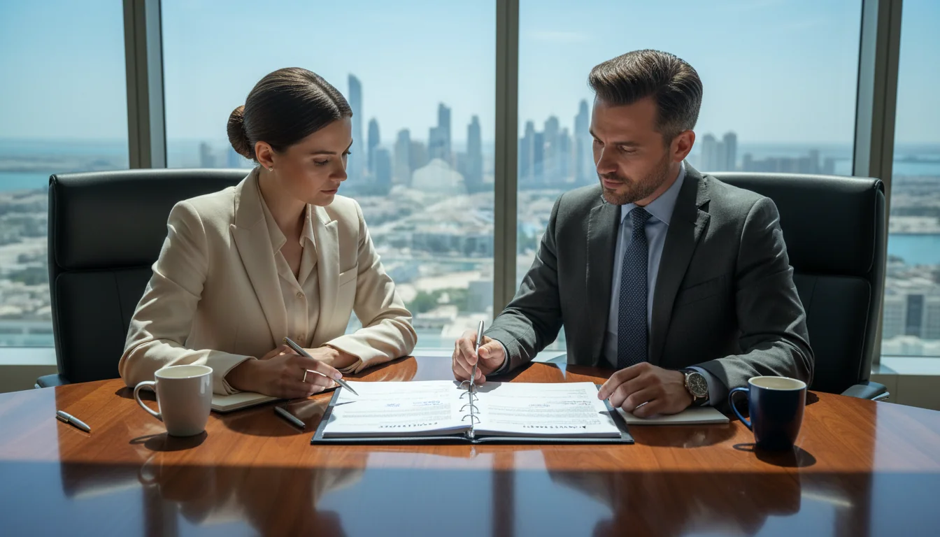 Reviewing legal documents in office