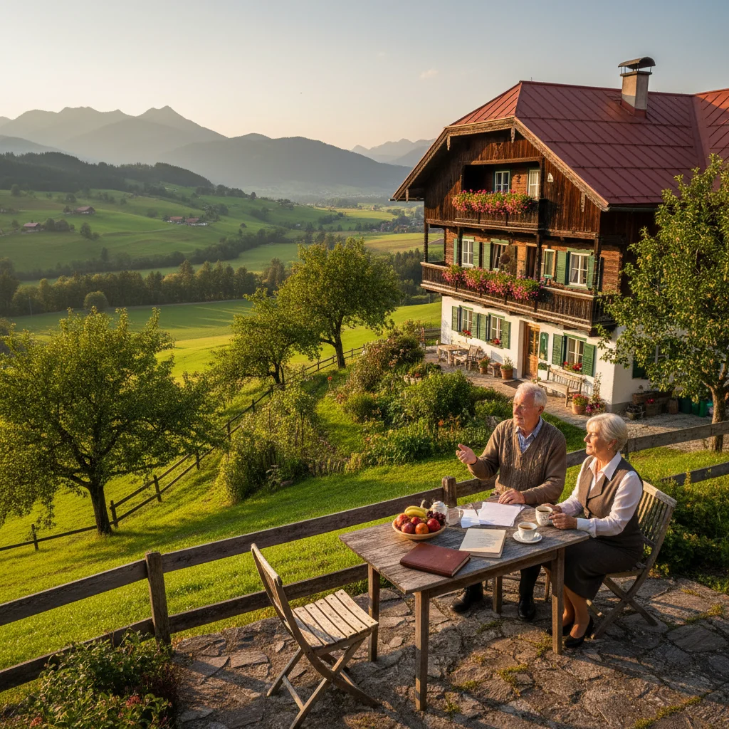 A photorealistic image of a serene family estate in the Austrian countryside, featuring rolling green hills, a traditional house, and elderly family members discussing inheritance matters peacefully at a wooden table outdoors, symbolizing legacy and estate planning without focusing on documents.