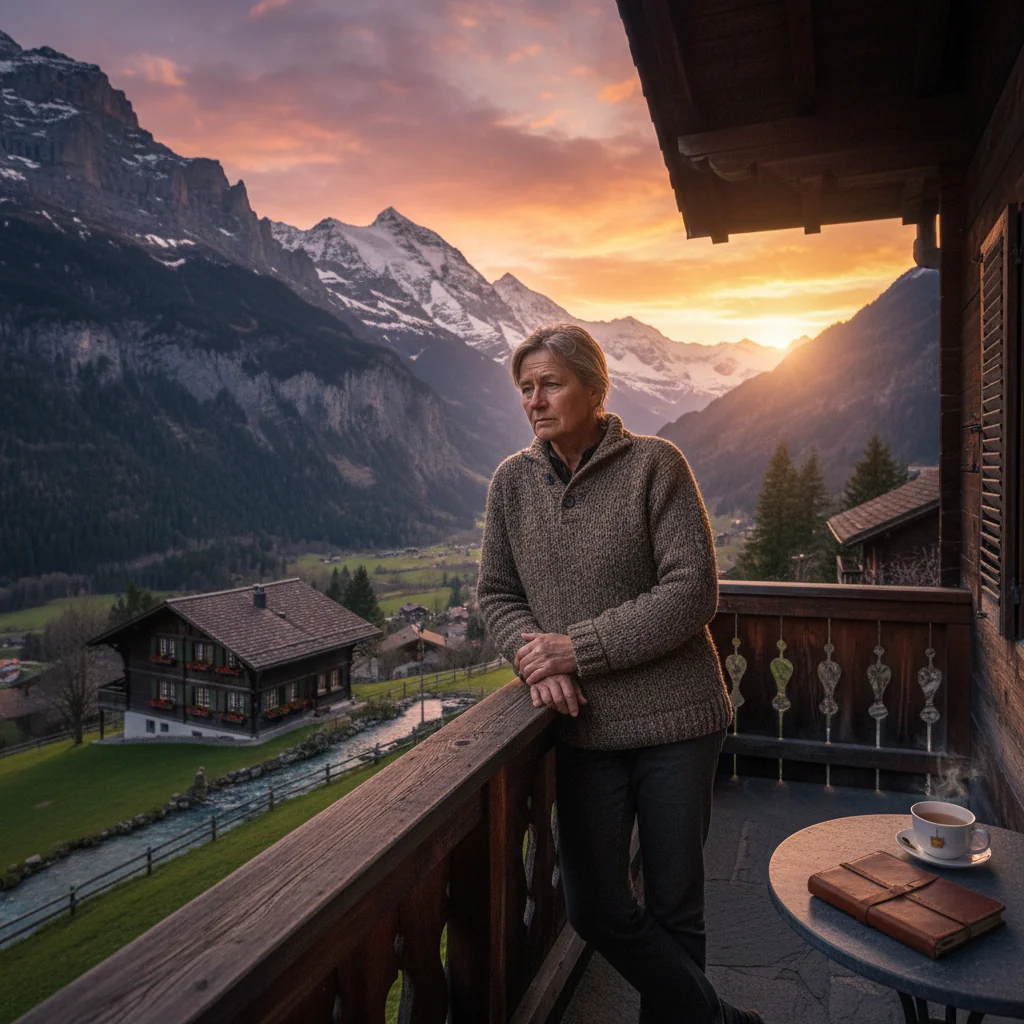 A photorealistic image symbolizing inheritance renunciation in Switzerland, featuring a middle-aged adult person thoughtfully overlooking the scenic Swiss Alps with a family estate in the background, evoking themes of legacy and personal choice, no legal documents visible, no children present.