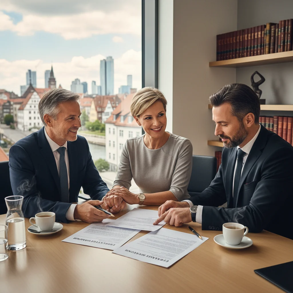 A photorealistic image of a middle-aged German couple in a modern lawyer's office, smiling as they review inheritance documents together, symbolizing family legacy planning and legal agreement on estate changes, with no children present.