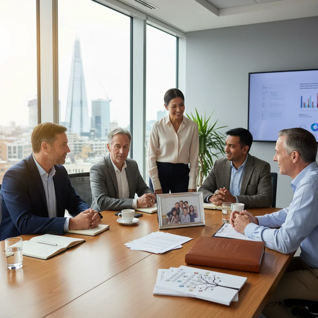 A photorealistic image depicting a diverse group of adults in a professional setting, such as a meeting room or office, discussing inheritance matters with a sense of collaboration and resolution, symbolizing the purpose of amending a will through a Deed of Variation. The scene conveys trust, family legacy, and legal planning without showing any documents.