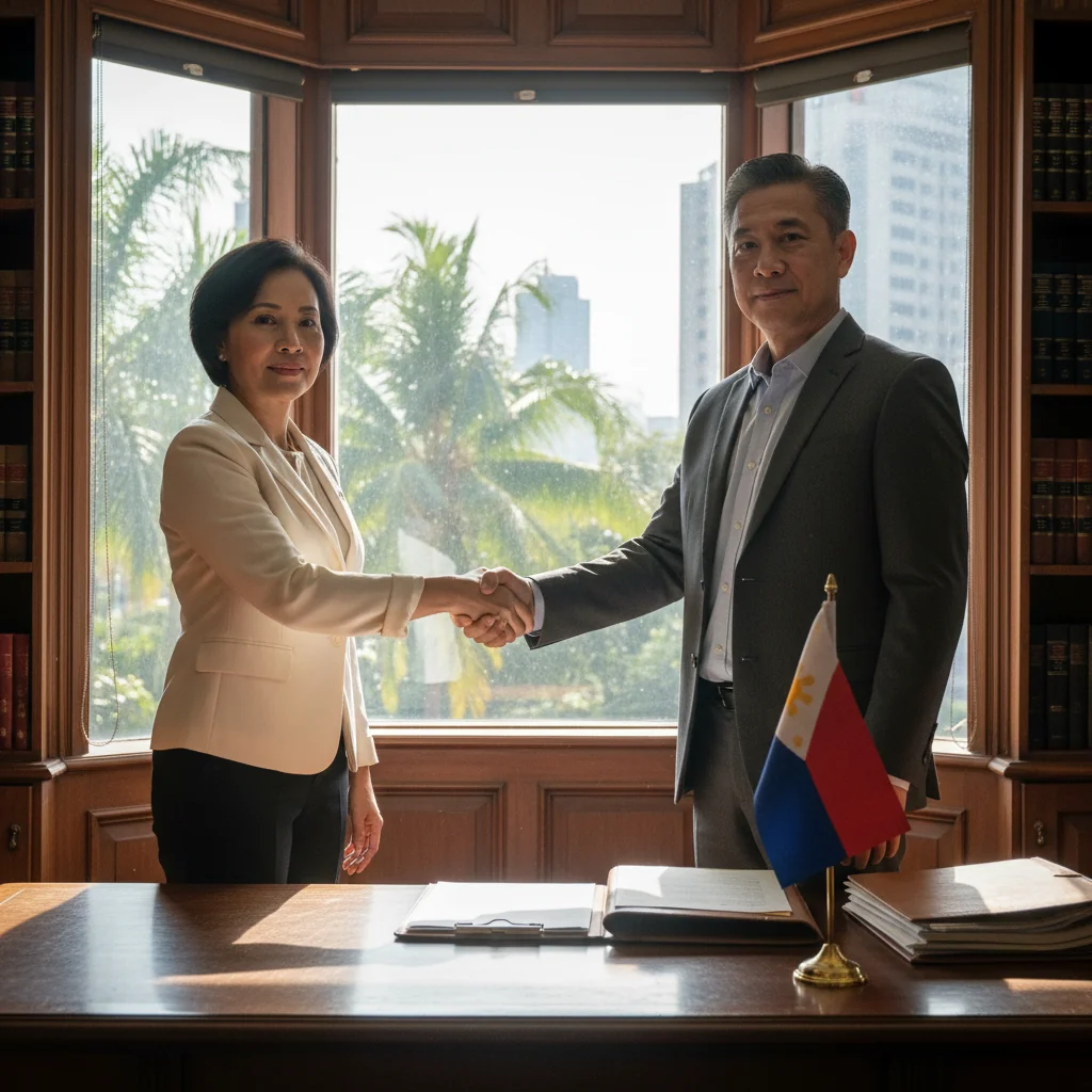A photorealistic image of two adults in a professional setting in the Philippines, such as a modern law office or notary's desk, shaking hands over a table to symbolize agreement and inheritance variation, with Philippine cultural elements like a flag or tropical plants in the background, conveying trust and legal resolution among family members without showing any documents.